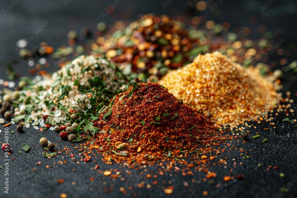 A pile of spices including cumin, paprika, and chili powder. The spices are spread out on a black surface A pile of spices including cumin, paprika, and chili powder. The spices are spread out on a black surface