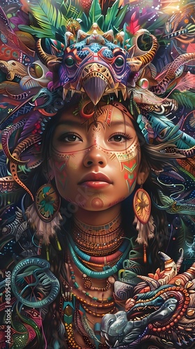 Vibrant Pacific Islander Mythical Portrait with Ornate Tribal Tattoos and Creature