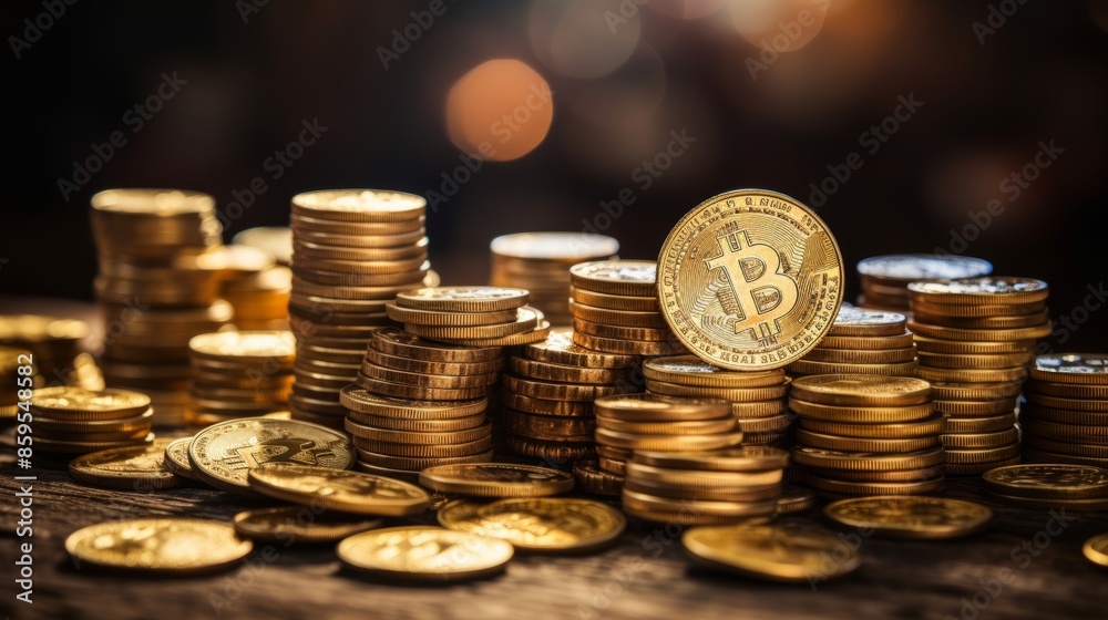 Golden bitcoin on digital background, virtual currency in blockchain technology market Golden bitcoin on digital background, virtual currency in blockchain technology market