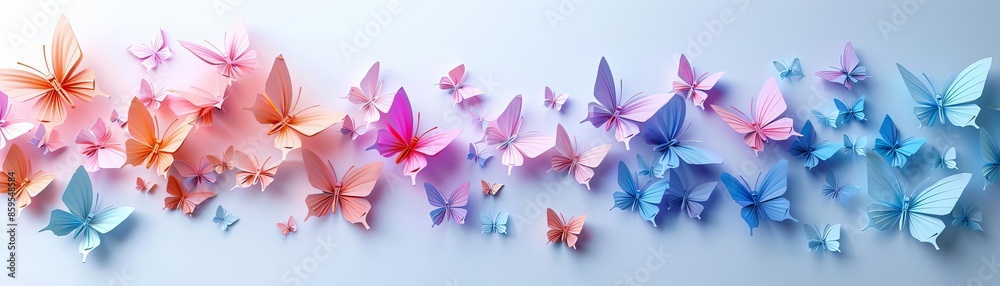Paper butterflies in flight, 3D, pastel colors, white background Paper butterflies in flight, 3D, pastel colors, white background