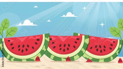 Refreshing watermelon slices with seeds on a sunny day flat design, side view, beach picnic theme, animation, colored pastel, copy space for text,