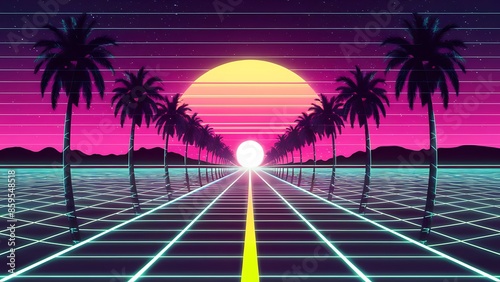 80s synthwave with neon lights, palm trees, grid-lined road, glowing horizon, retro sun, starry sky

