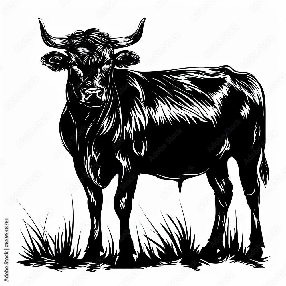 Fototapeta premium A black and white drawing of a bull standing in the grass