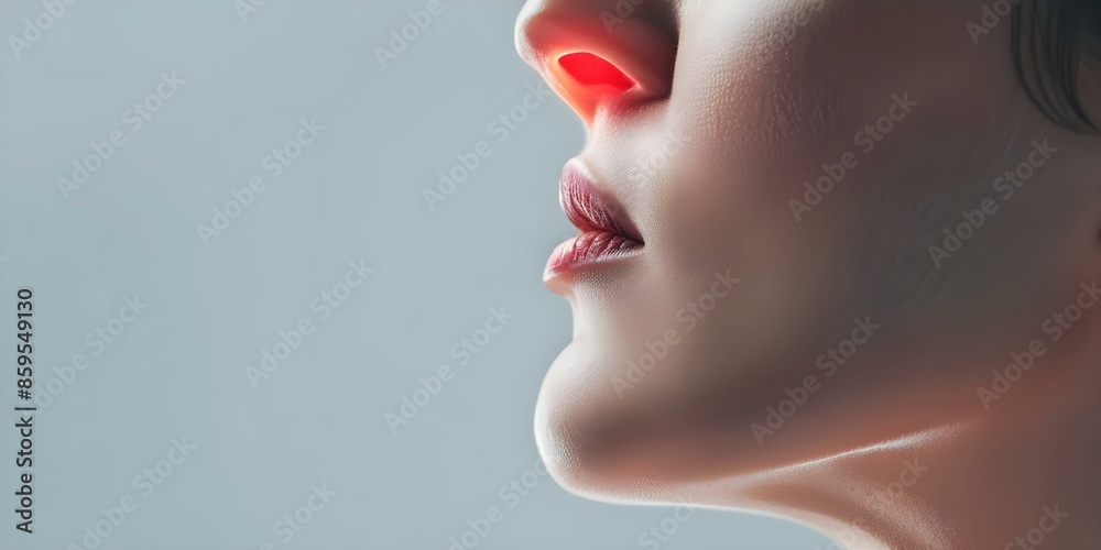 3D visualization of a woman's swollen nasal and throat region. Concept Medical Imaging, Nasal Swelling, Throat Swelling, 3D Visualization, Diagnosis 3D visualization of a woman's swollen nasal and throat region. Concept Medical Imaging, Nasal Swelling, Throat Swelling, 3D Visualization, Diagnosis