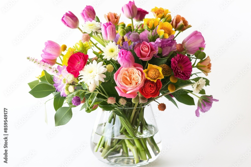 vibrant bouquet featuring a mix of colorful flowers like roses, tulips, and daisies, arranged in a clear glass vase, placed on a white background vibrant bouquet featuring a mix of colorful flowers like roses, tulips, and daisies, arranged in a clear glass vase, placed on a white background