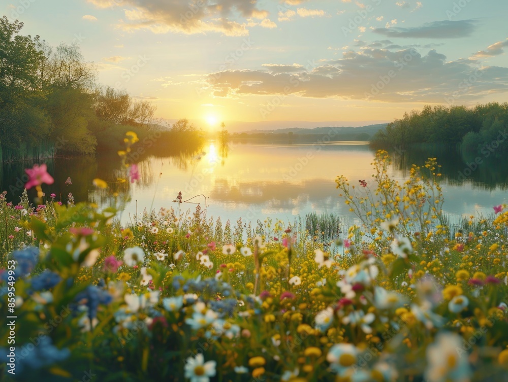 Fototapeta premium A serene sunset scene over a lake surrounded by colorful wildflowers, perfect for travel, nature, or calm ambiance themes
