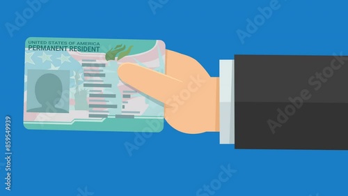 Animation of a hand with green card, permanent resident card in the United States from the right on blue background (flat design)