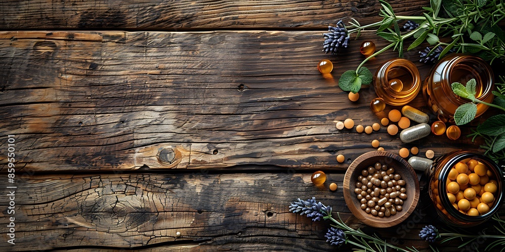 Natural medicine background with herbs and pills on wooden table Natural medicine background with herbs and pills on wooden table