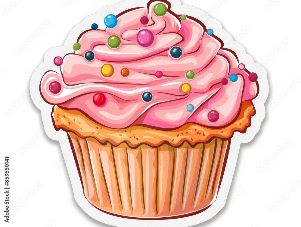 Delicious Cupcake Sticker Sweet Treat Dessert Bakery Pastry Cherry Topping - Stock Image Delicious Cupcake Sticker Sweet Treat Dessert Bakery Pastry Cherry Topping - Stock Image
