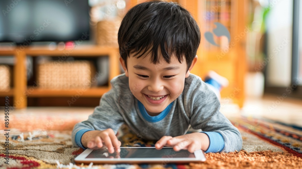 little Asian boy using a digital tablet and smiling little Asian boy using a digital tablet and smiling