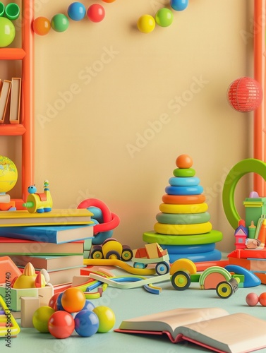 A colorful and inviting scene with toys and books, perfect for a childrens educational center or bookstore. Generative AI © Анатолий Савицкий