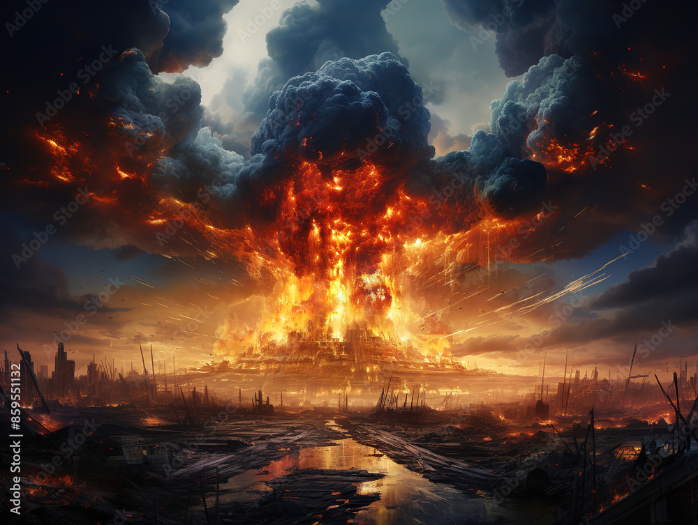 Obraz premium Smoke and physical structure explode in fiery destruction