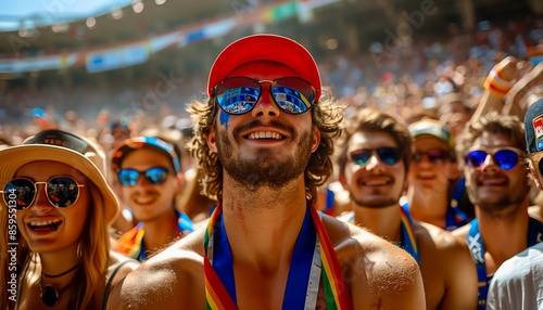 Fan Zone Enthusiastic fans gathered in a fan zone outside the stadium
