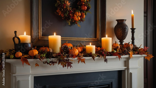 Fireplace mantel decorated with fall foliage, gourds, candles. Mantel is white and fireplace is black. Thanksgiving Day holiday concept