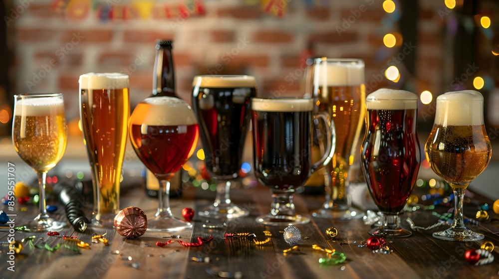 Assorted glasses of different beers displayed on a decorated table with festive lights and ornaments in the background.