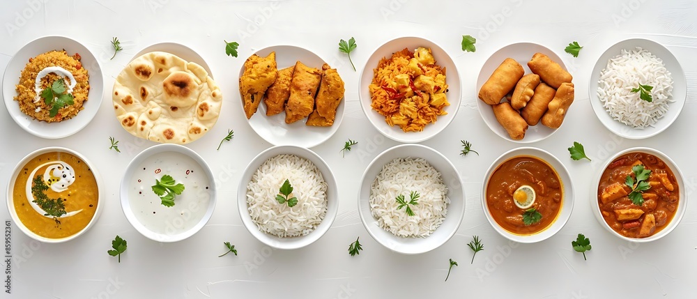 a variety of Indian dishes in white bowls on a pure white background a variety of Indian dishes in white bowls on a pure white background