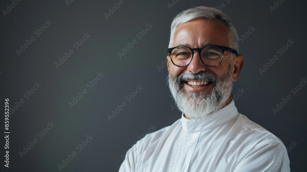 Portrait of pastor of Christianity cheerful on the gray background Portrait of pastor of Christianity cheerful on the gray background