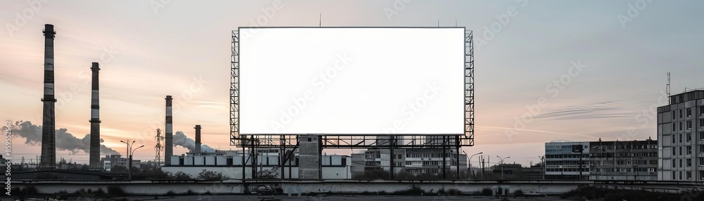 Blank billboard in an industrial area with factories and chimneys, 3D render, sunset, no light from frame, gritty, detailed shadows Blank billboard in an industrial area with factories and chimneys, 3D render, sunset, no light from frame, gritty, detailed shadows