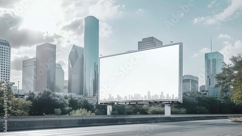 Blank billboard on a freeway in Houston, with the city skyline, 3D render, no light from frame, modern, realistic