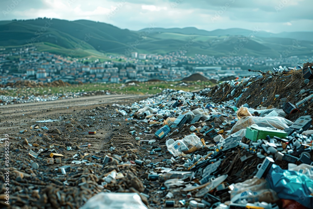 A mountain range is in the background of a city with trash on the ground. The trash is piled up and the city appears to be in a state of disarray