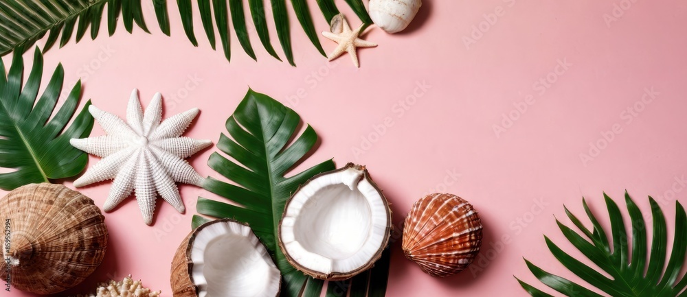 Summer banner flatlay on pink background with seashells, starfish, coconut halves, and palm leaves. Capturing the essence of vacation, holiday, relaxation, and summertime vibes.