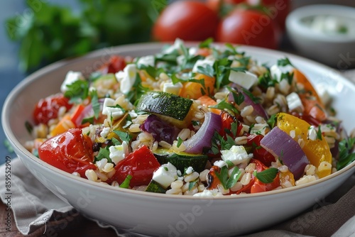 A nutritious grain salad with barley, roasted vegetables, and feta