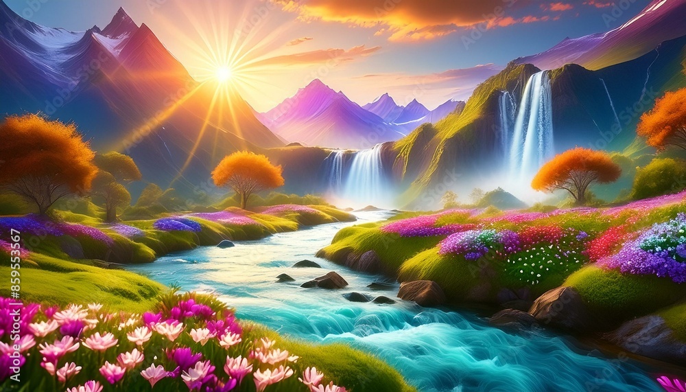 Photo majestic magical fantasy landscape with mountains river waterfall sun rays 3d Photo majestic magical fantasy landscape with mountains river waterfall sun rays 3d