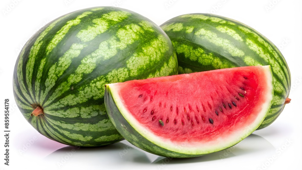 Two Whole And One Sliced Watermelon Isolated On White Background Two Whole And One Sliced Watermelon Isolated On White Background