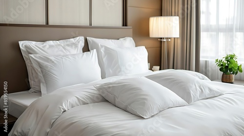 White bed linen and pillows in a hotel room background, closeup.