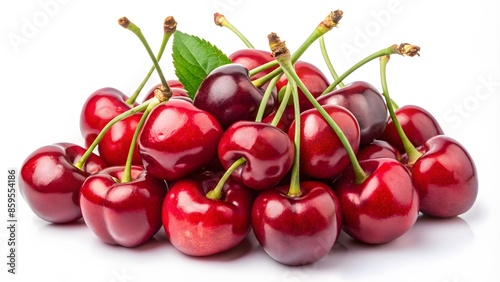 A Pile Of Fresh, Ripe Cherries With Green Stems And Leaves Isolated On A White Background.