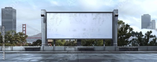 Empty billboard on a bridge in San Francisco, with the Golden Gate Bridge in the background, 3D render, foggy morning, no light from frame, iconic, detailed