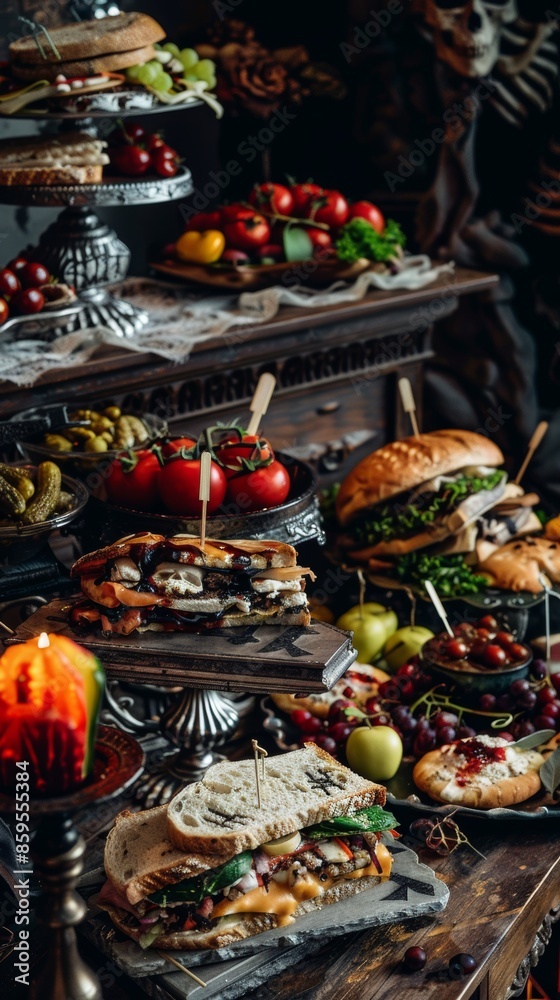 Graveyard Snack Buffet Spread Background with Tombstone Sandwiches and Skeleton Veggie Platter Graveyard Snack Buffet Spread Background with Tombstone Sandwiches and Skeleton Veggie Platter