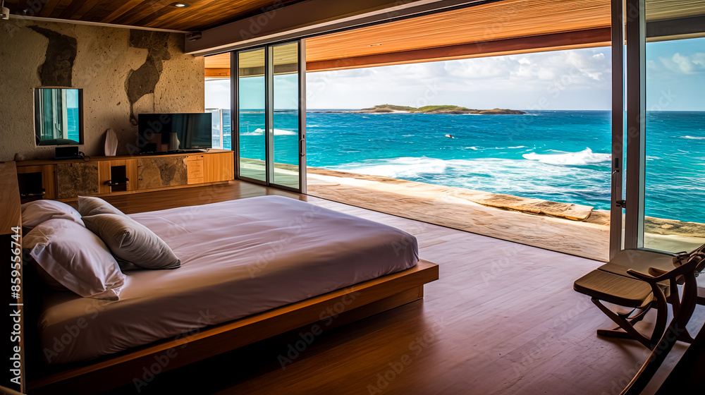 A large bed with a view of the ocean. A large bed with a view of the ocean.