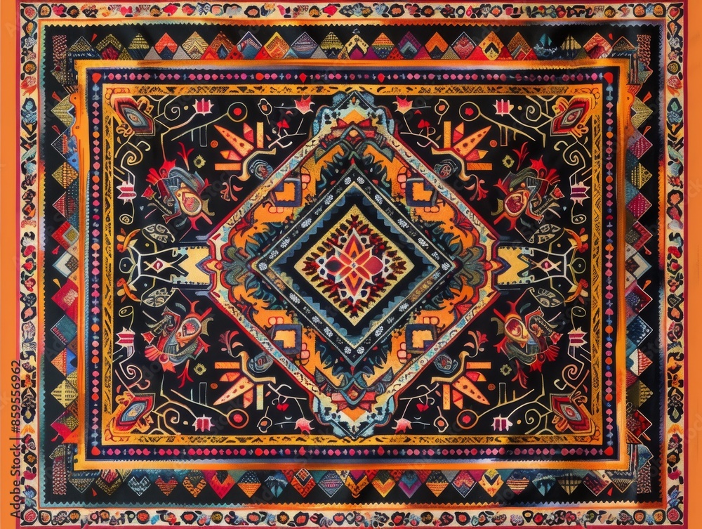 Colorful Bohemian TapestryTribal Pattern on Wooden Frame Colorful Bohemian TapestryTribal Pattern on Wooden Frame
