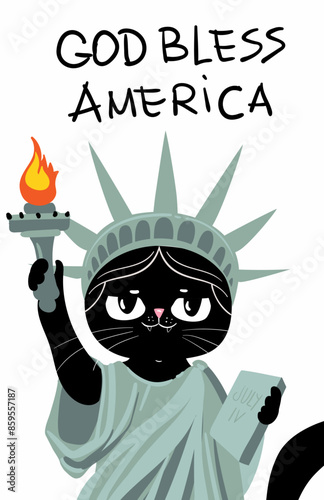 god bless America happy character cat, Cute statue of liberty black cat, cartoon vector illustration. I love New York card, sticker or banner, 4 july card, independent day, flag of USA