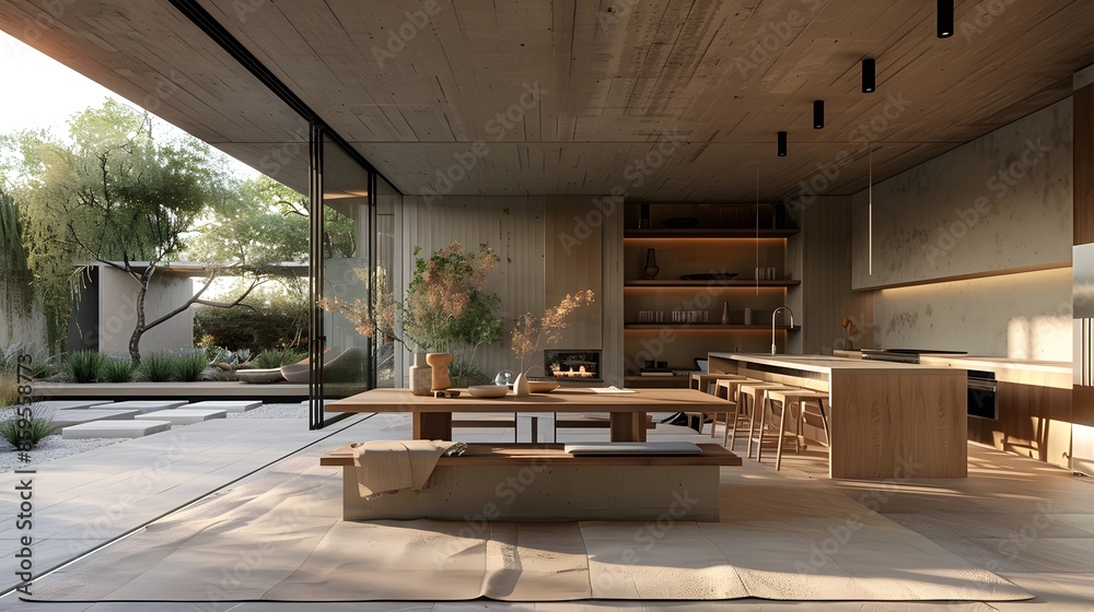 Modern kitchen and dining area with a minimalist design and natural light streaming through large windows, overlooking an outdoor patio area. Modern kitchen and dining area with a minimalist design and natural light streaming through large windows, overlooking an outdoor patio area.