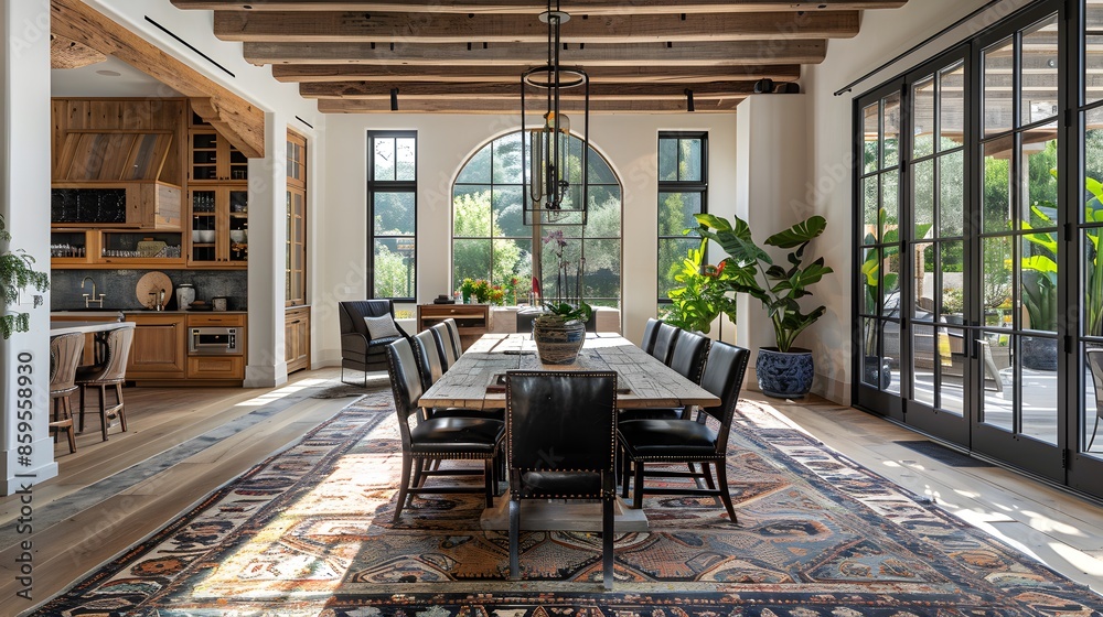 Naklejka premium Modern spacious kitchen and dining area with a large table, exposed beams, and abundant natural light from large windows and doors.
