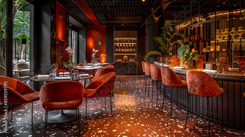 Fototapeta Naklejka Na Ścianę i Meble -  Modern and stylish restaurant interior with elegant red velvet chairs and contemporary bar design illuminated with soft lighting. 