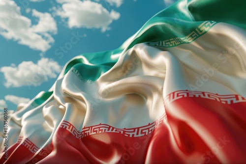 A colorful Iranian flag blowing gently in the air, with a blurred background to emphasize the symbol of the country photo