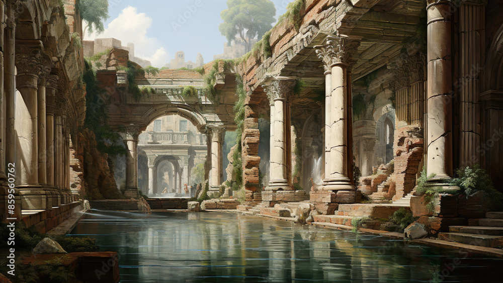Obraz premium Baths Of Caracalla Painting - ancient, roman, rome, architecture, building, water, palace, europe, travel, park, city, bridge, river, old, landmark, castle, reflection
