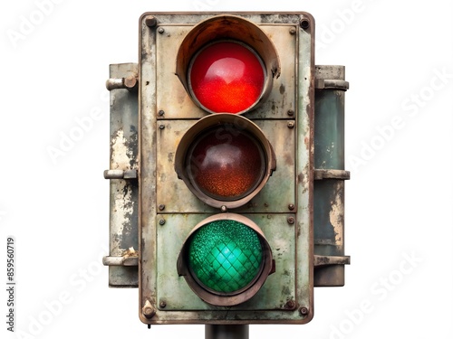 Grungy Traffic Light With Clipping Path Isolated On White Background