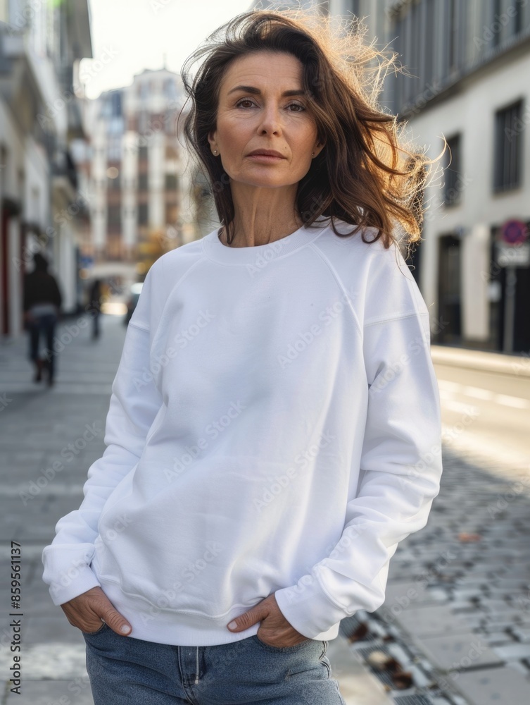 A woman in a white sweatshirt stands on a sidewalk, possibly waiting for someone or lost in thought A woman in a white sweatshirt stands on a sidewalk, possibly waiting for someone or lost in thought