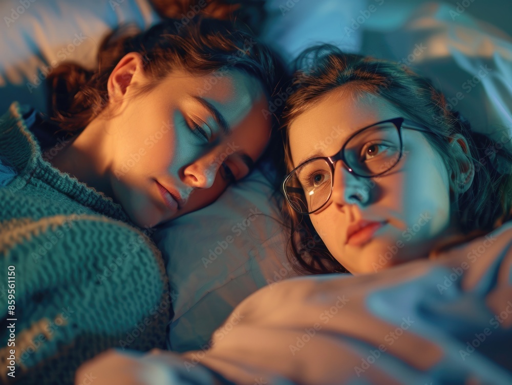 Two girls lying in bed with their eyes closed, a moment of relaxation ...