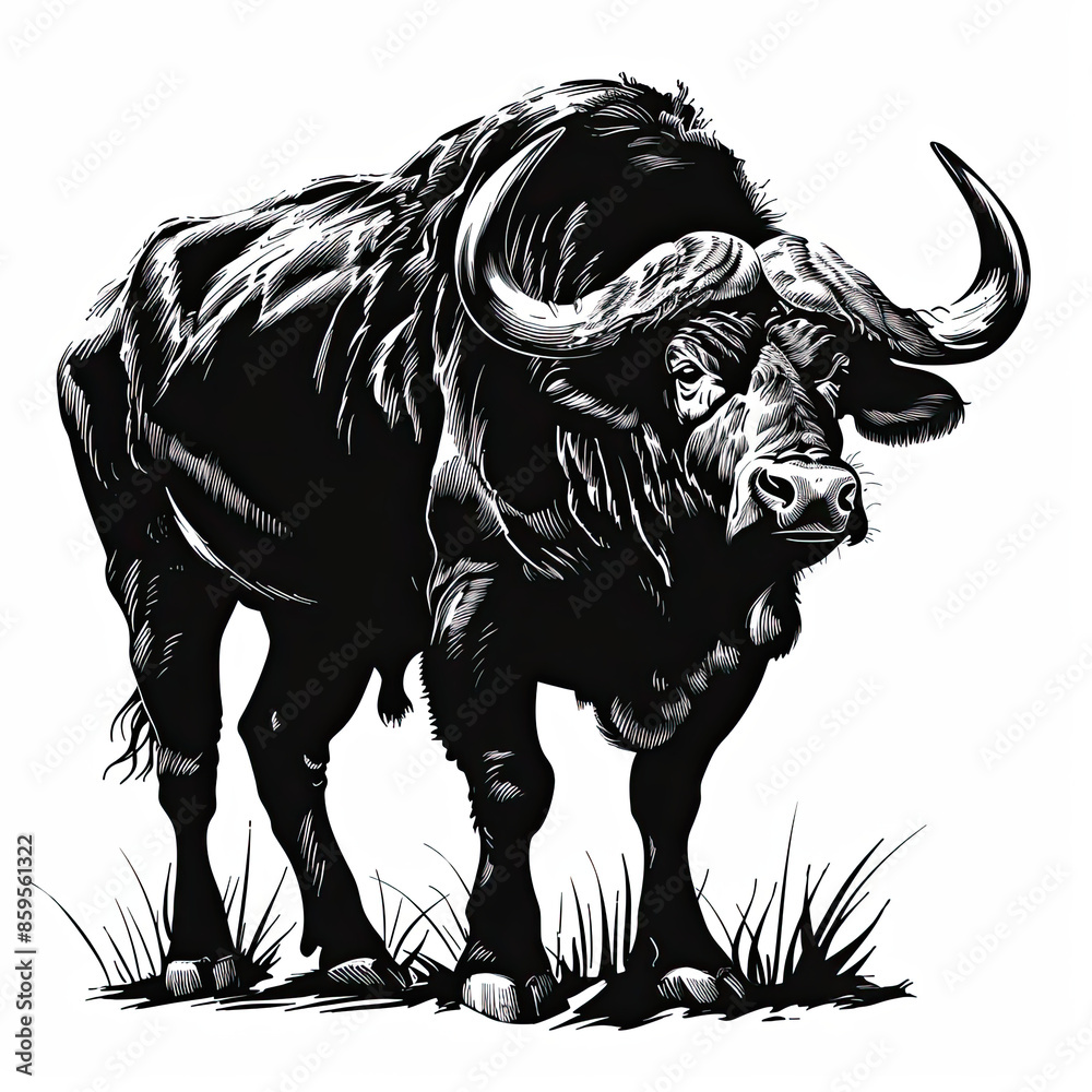 A black and white drawing of a bull standing in the grass A black and white drawing of a bull standing in the grass