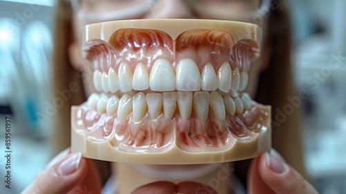 Close-up view of a person holding dental prosthetics model, showcasing teeth and gums in a dental clinic setting. photo