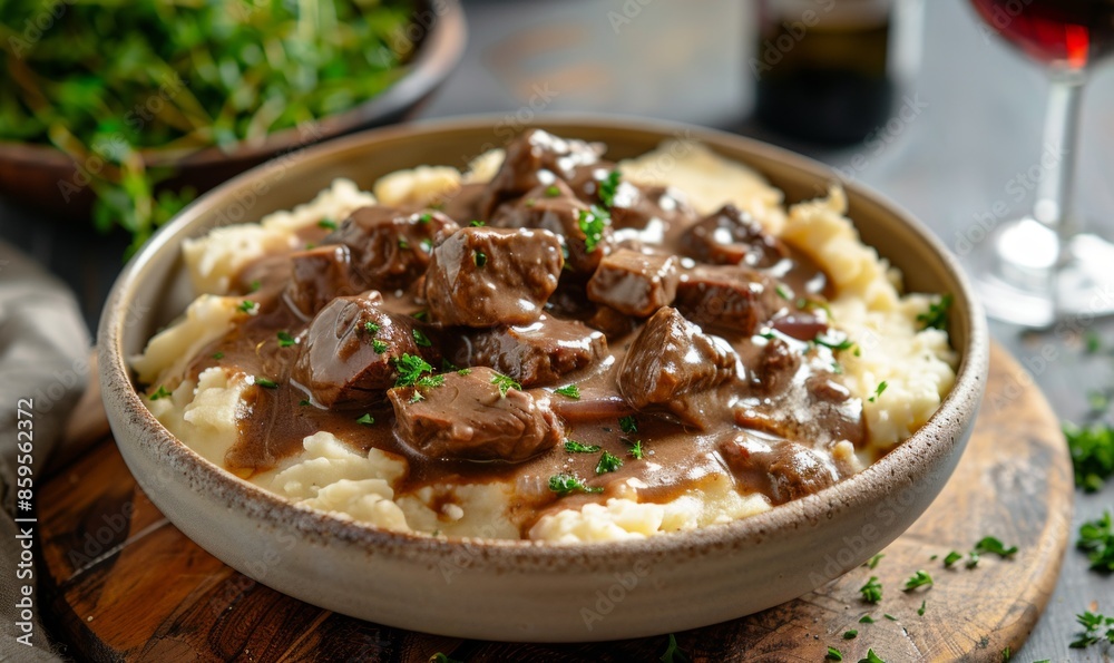 Beef Stroganoff with mashed potatoes and wine Beef Stroganoff with mashed potatoes and wine