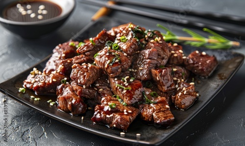 beef in teriyaki sauce on a square black plate with black chopsticks on the side