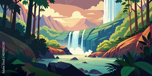Majestic Waterfall in Lush Forest: Serene Nature Illustration