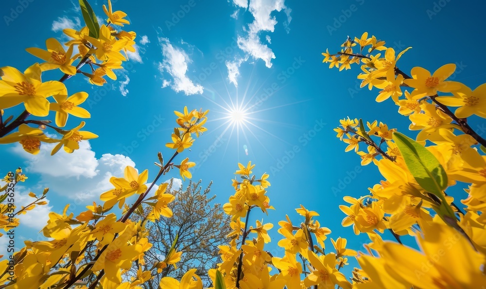 Branches with yellow flowers against the blue sky. Flowering forsythia in the sun Branches with yellow flowers against the blue sky. Flowering forsythia in the sun