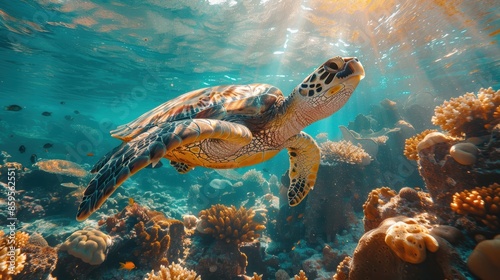 A majestic sea turtle glides through vibrant coral reefs in crystal-clear waters illuminated by sunlight, showcasing the beauty of marine life.